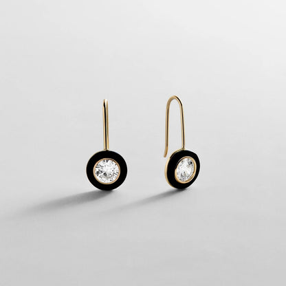Lavisa 14K gold semi-precious onyx drop huggie earrings.
