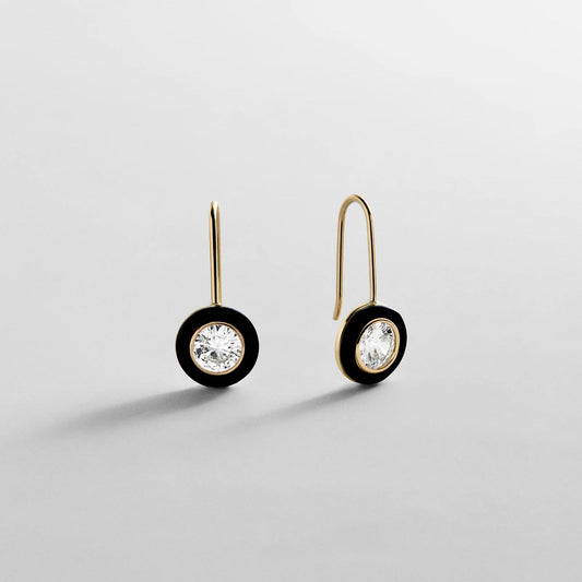 Lavisa 14K gold semi-precious onyx drop huggie earrings.