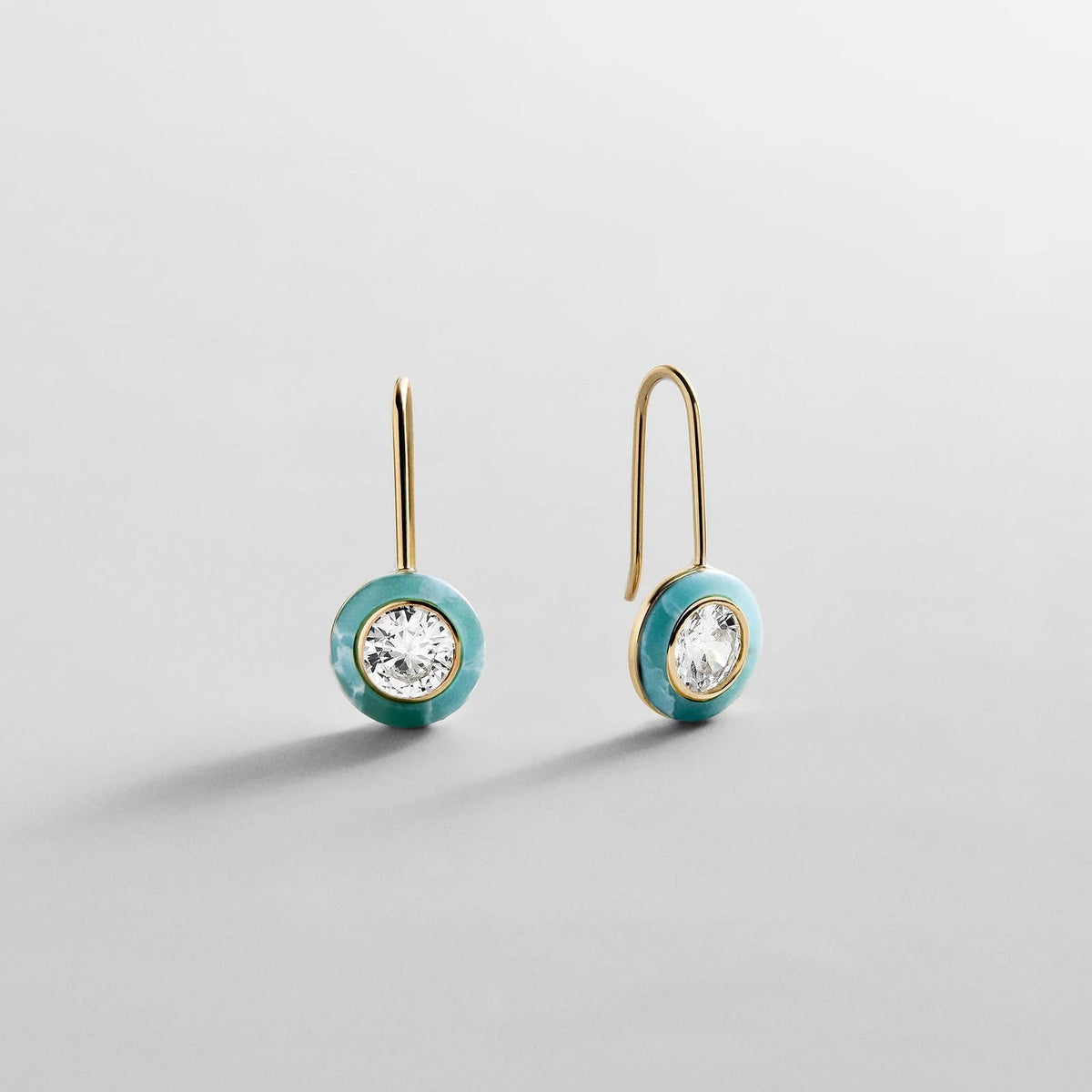 Lavisa 14K gold huggie drop earrings featuring turquoise and crystal stones