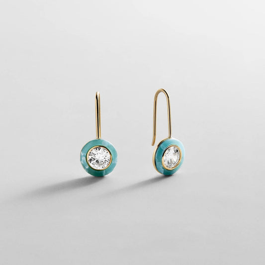 Lavisa 14K gold huggie drop earrings featuring turquoise and crystal stones