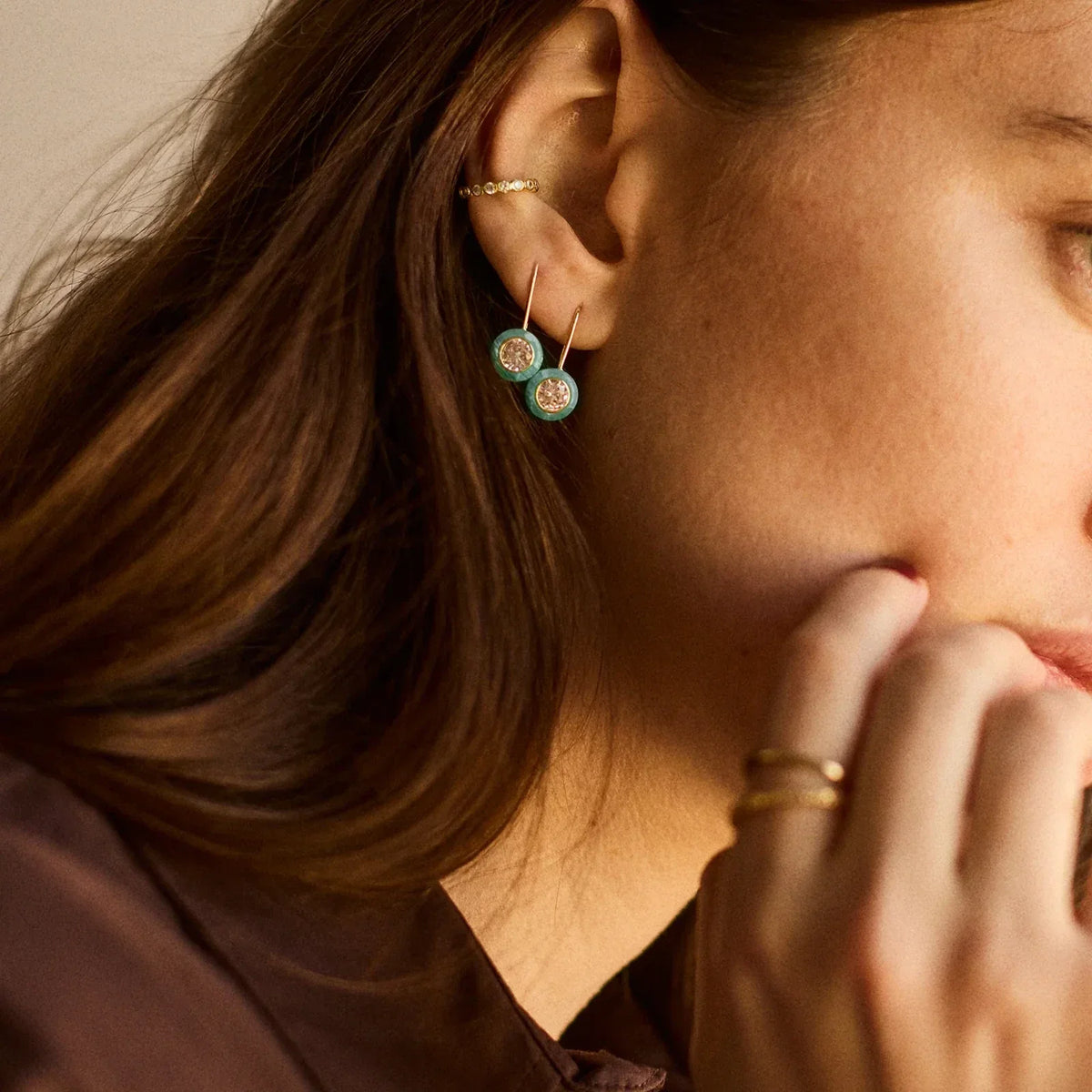 Lavisa - 14K Gold Turquoise Semi-Precious Huggie Drop Earrings - Detail & Styling View