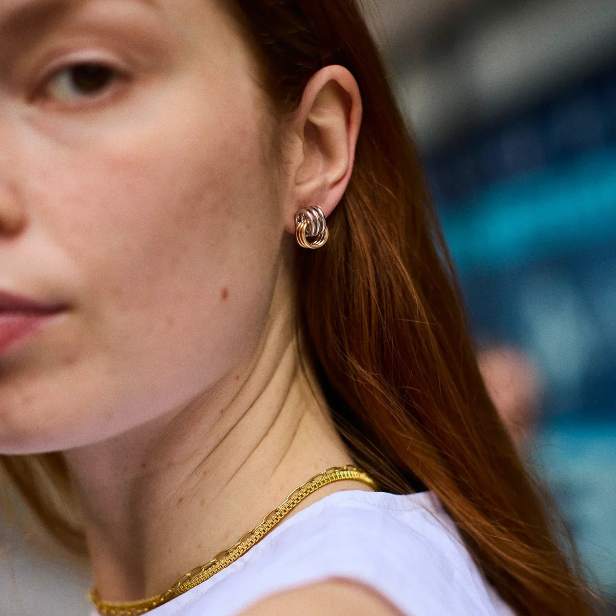 Lavisa - Shiloh Mixed Metal Interlocking Hoop Earrings - Detail & Styling View