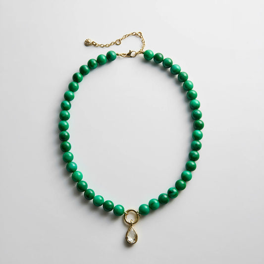 Lavisa beaded ring necklace with malachite resin beads and crystal charm