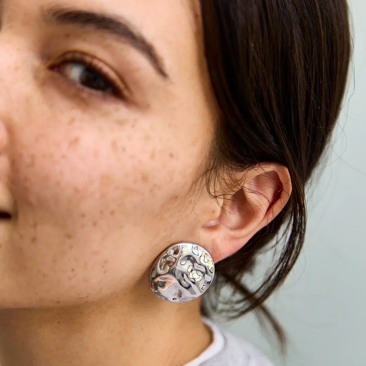 Lavisa - Hammered Silver Statement Stud Earrings Chunky Jewelry - Detail & Styling View