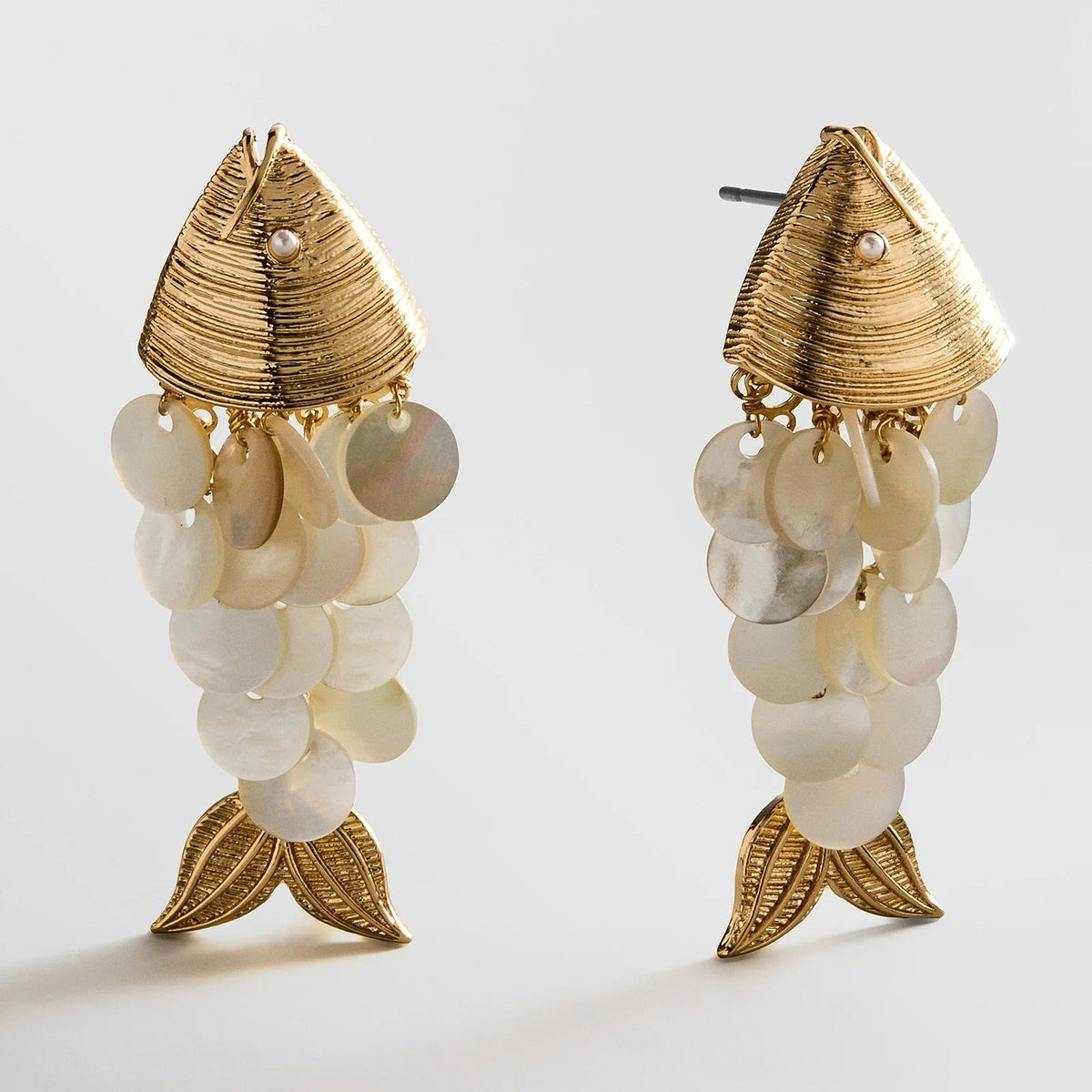 Lavisa gold and pearl fish drop earrings with intricate scale details