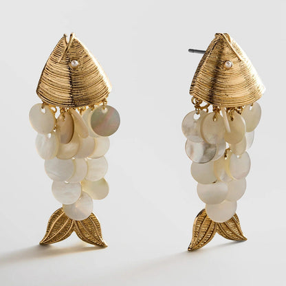 Lavisa gold and pearl fish drop earrings with intricate scale details