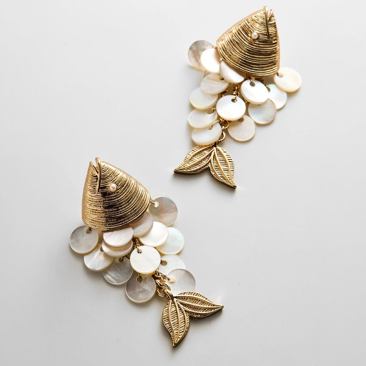 Lavisa - Ripple Effect Fish Earrings - Gold/Pearl - On-Model & Scale View