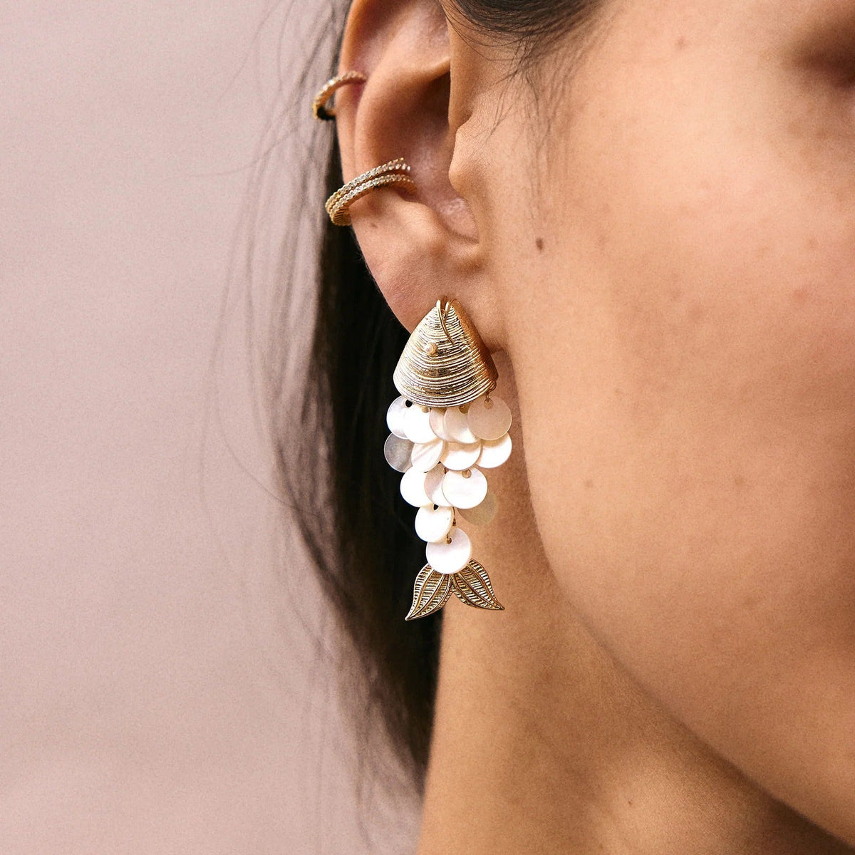 Lavisa - Ripple Effect Fish Earrings - Gold/Pearl - Detail & Styling View