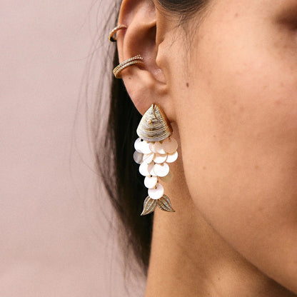 Lavisa - Ripple Effect Fish Earrings - Gold/Pearl - Detail & Styling View