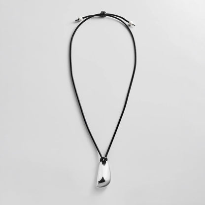 Lavisa - Sculptural Silver Pendant Cord Necklace - On-Model & Scale View