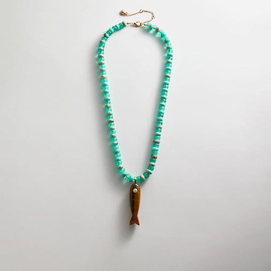 Lavisa Fish Motif Pendant Necklace with tiger's eye charm and turquoise beads