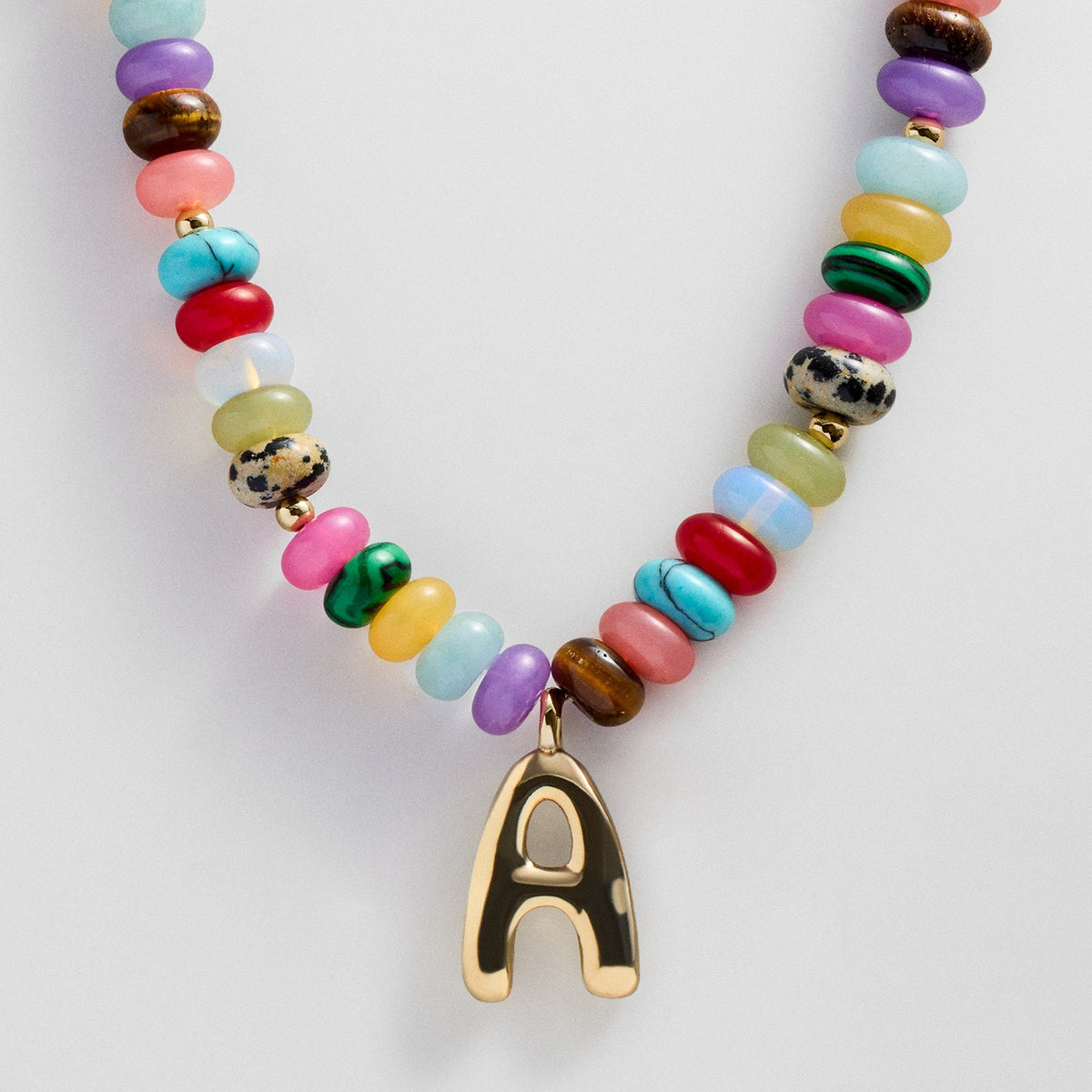Lavisa personalized bubble letter necklace with multi-colored gemstone beads