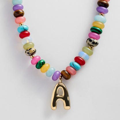 Lavisa personalized bubble letter necklace with multi-colored gemstone beads