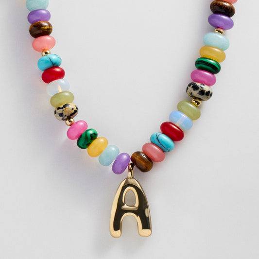 Lavisa personalized bubble letter necklace with multi-colored gemstone beads