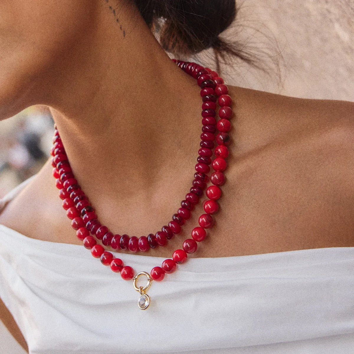 Lavisa - Red Jasper Beaded Statement Necklace with Adjustable Extender - Detail & Styling View