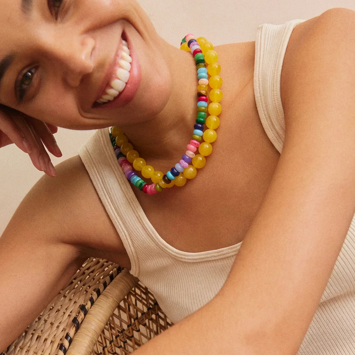 Lavisa - Multicolored Semi-Precious Stone Beaded Necklace - On-Model & Scale View