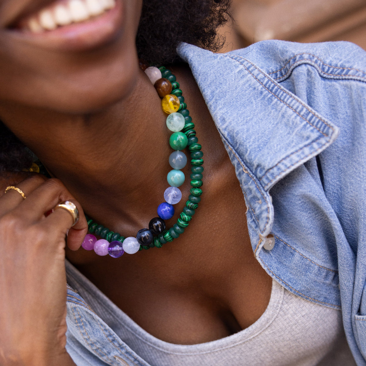 Lavisa - Layering Beaded Necklace With Multicolored Resin Beads - Detail & Styling View