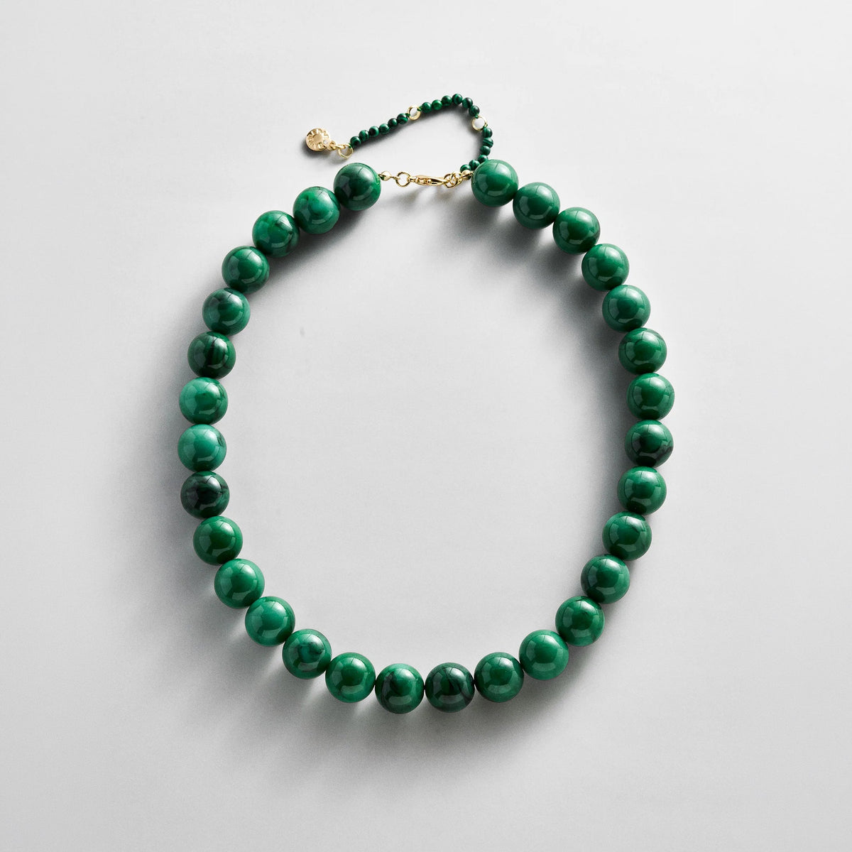Lavisa malachite beaded layering necklace featuring glossy 14mm green beads