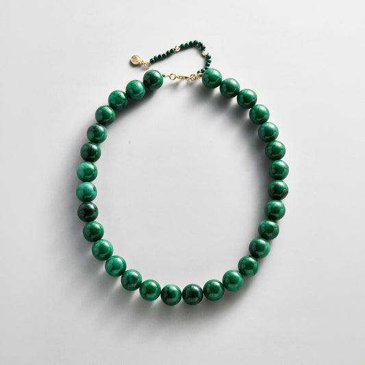 Lavisa malachite beaded layering necklace featuring glossy 14mm green beads