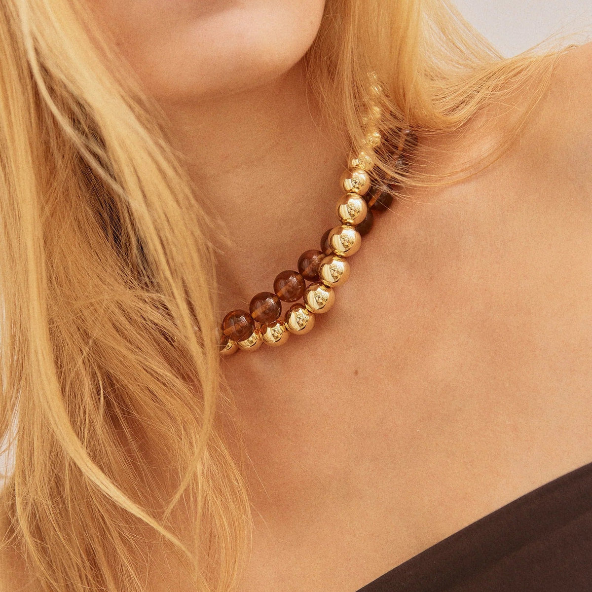 Lavisa - Gold Beaded Necklace Layering Jewelry - Detail & Styling View
