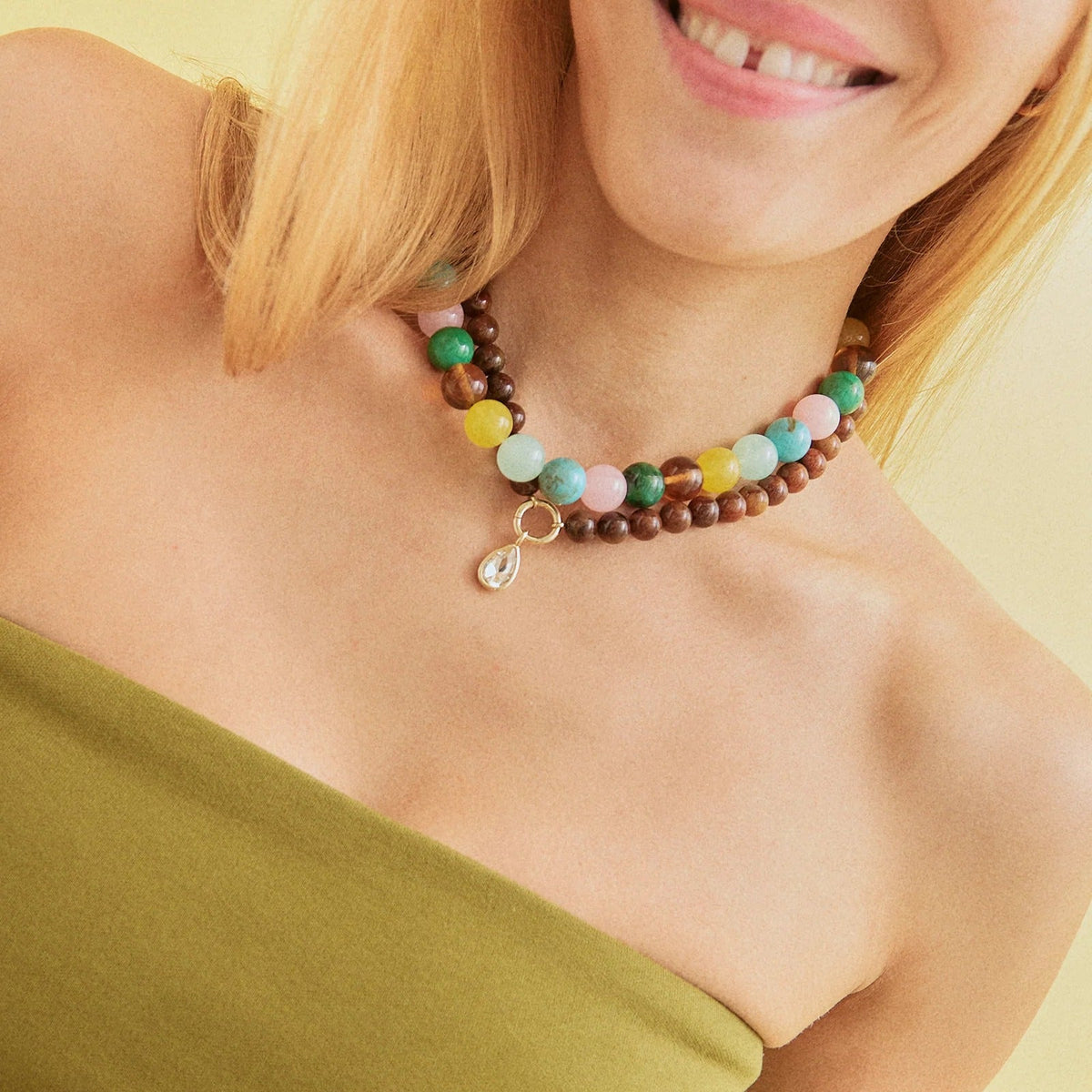 Lavisa - Layering Beaded Necklace With Natural Multi Resin Beads - Detail & Styling View