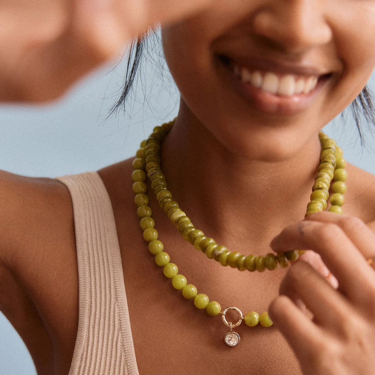 Lavisa - Olive Beaded Ring Necklace - Crystal Charm Jewelry - Detail & Styling View