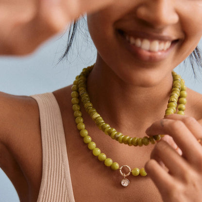 Lavisa - Olive Beaded Ring Necklace - Crystal Charm Jewelry - Detail & Styling View