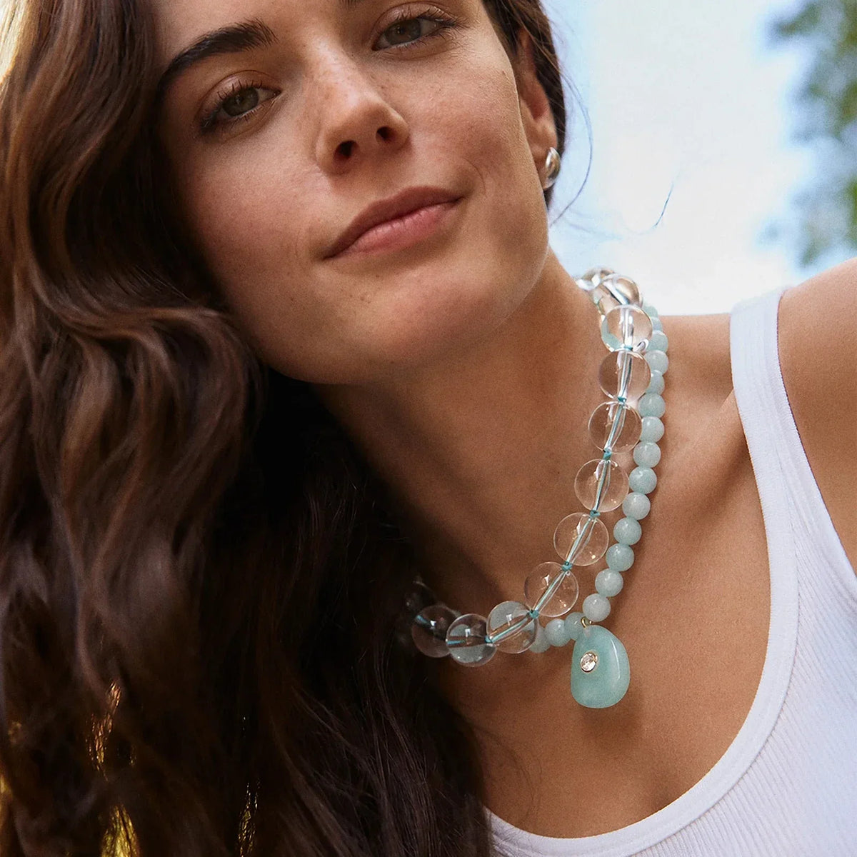 Lavisa - Turquoise and Jade Beaded Pendant Necklace - On-Model & Scale View