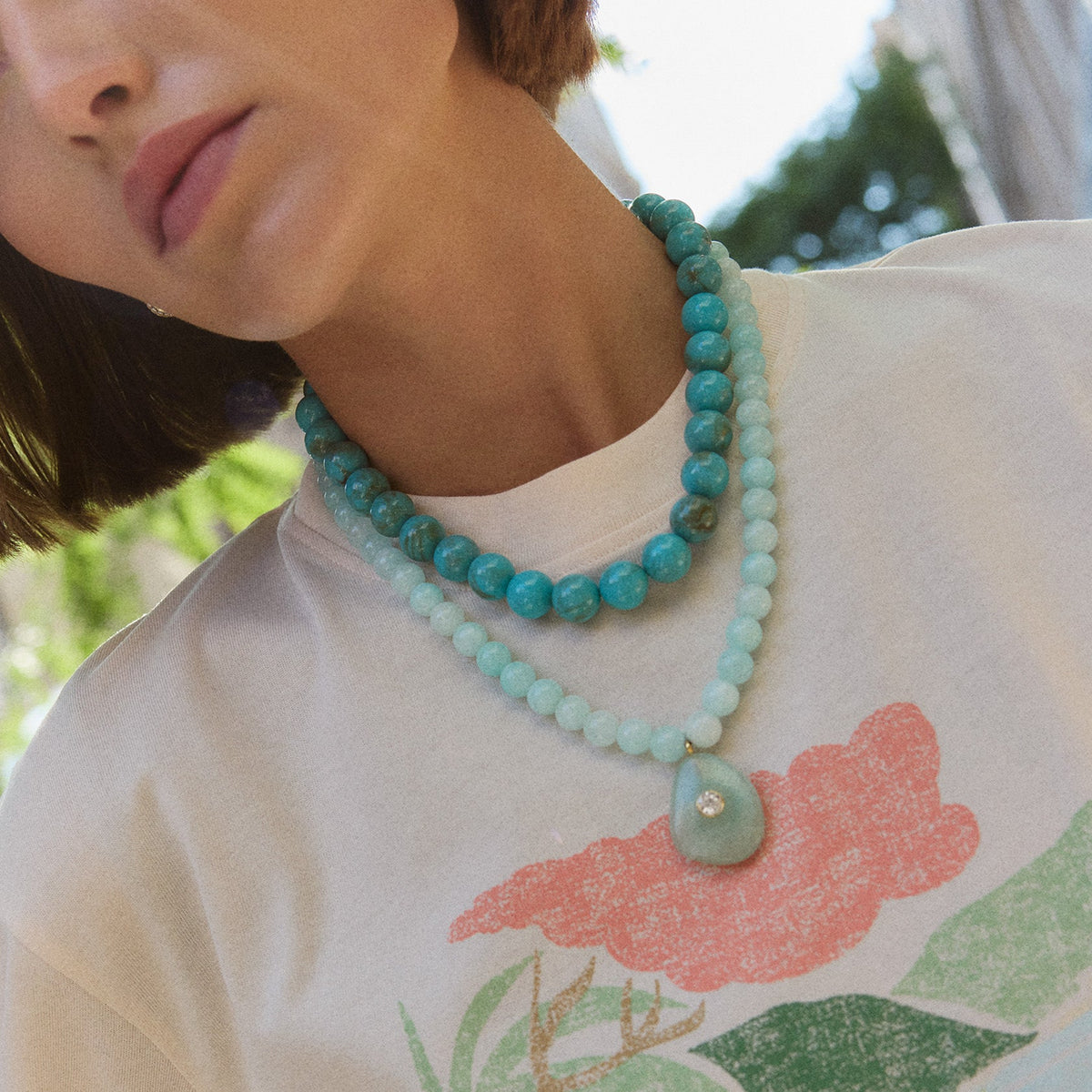 Lavisa - Turquoise and Jade Beaded Pendant Necklace - Detail & Styling View