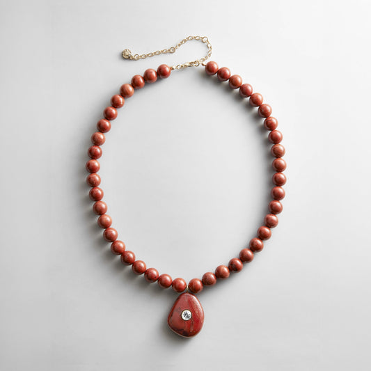 Lavisa red jasper semi-precious beaded necklace with crystal pendant