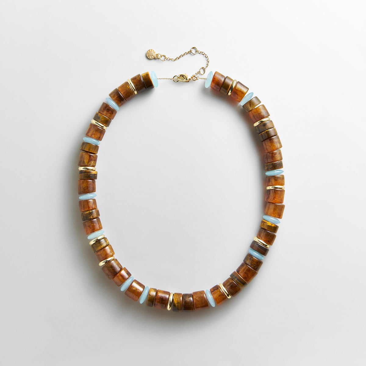 Lavisa Rondelle Beaded Necklace featuring tiger eye semi-precious stones and vibrant enamel beads