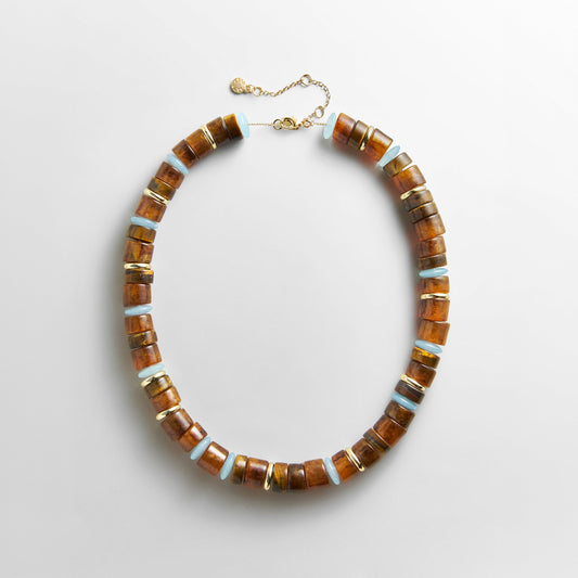 Lavisa Rondelle Beaded Necklace featuring tiger eye semi-precious stones and vibrant enamel beads
