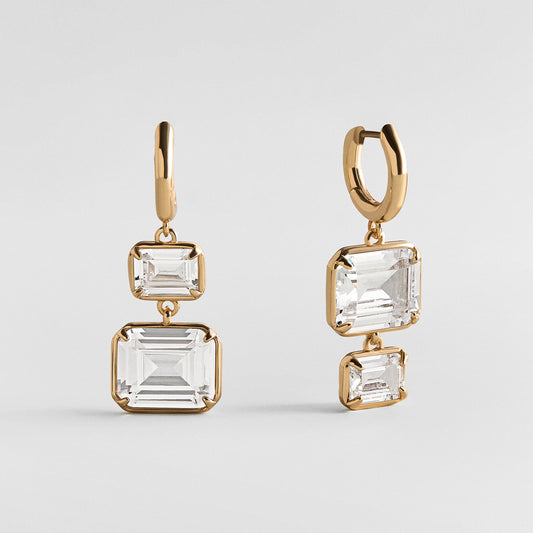 Lavisa crystal drop earrings featuring bright cubic zirconia stones in glossy gold bezels