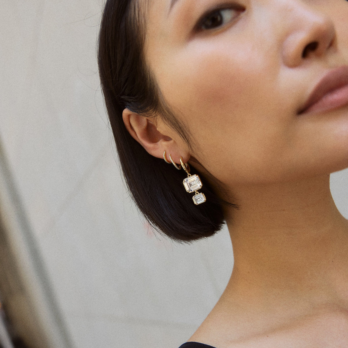 Lavisa - Bold Crystal Drop Earrings in Gold Bezel - Detail & Styling View