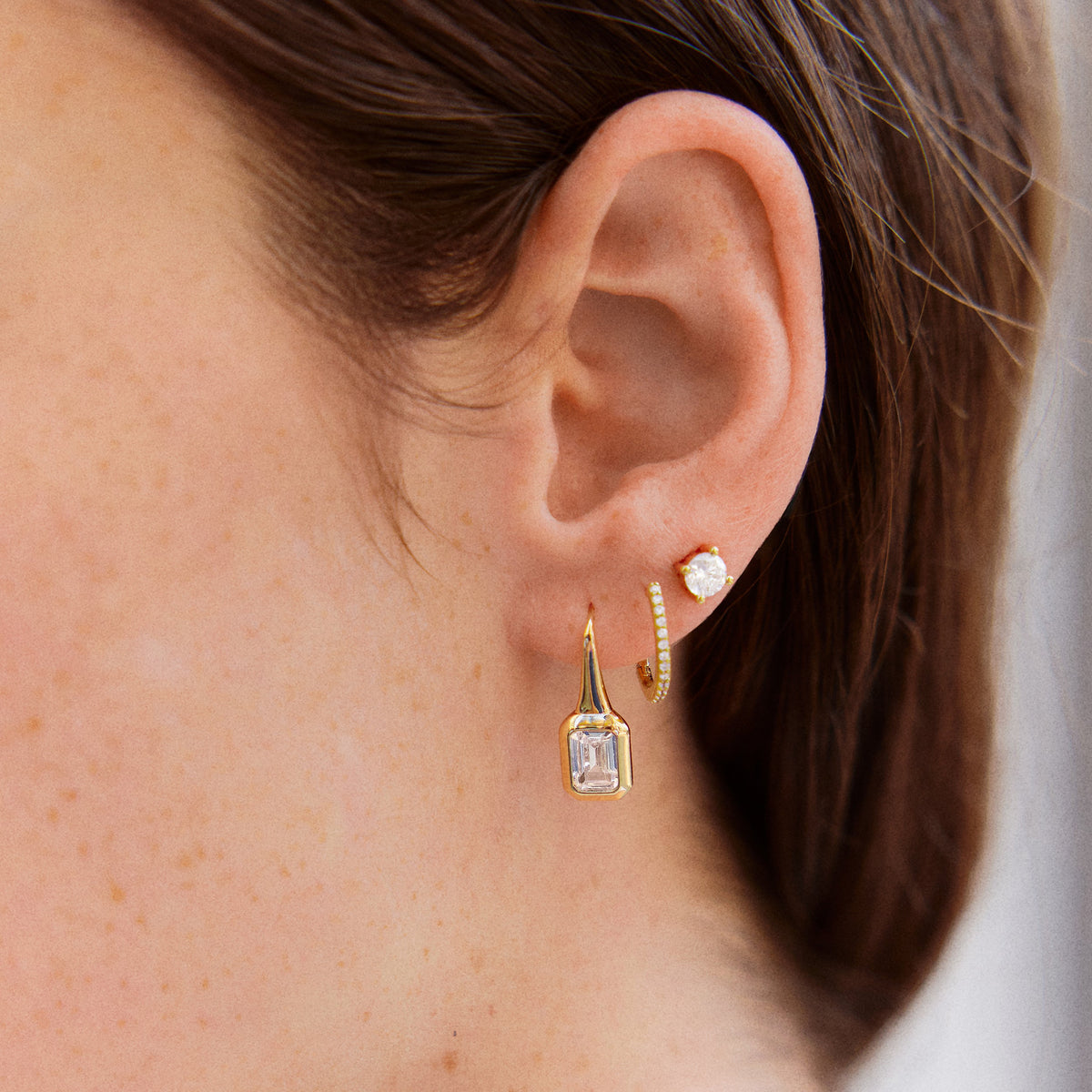 Lavisa - Emerald Cut Crystal Drop Fishhook Earrings - Detail & Styling View