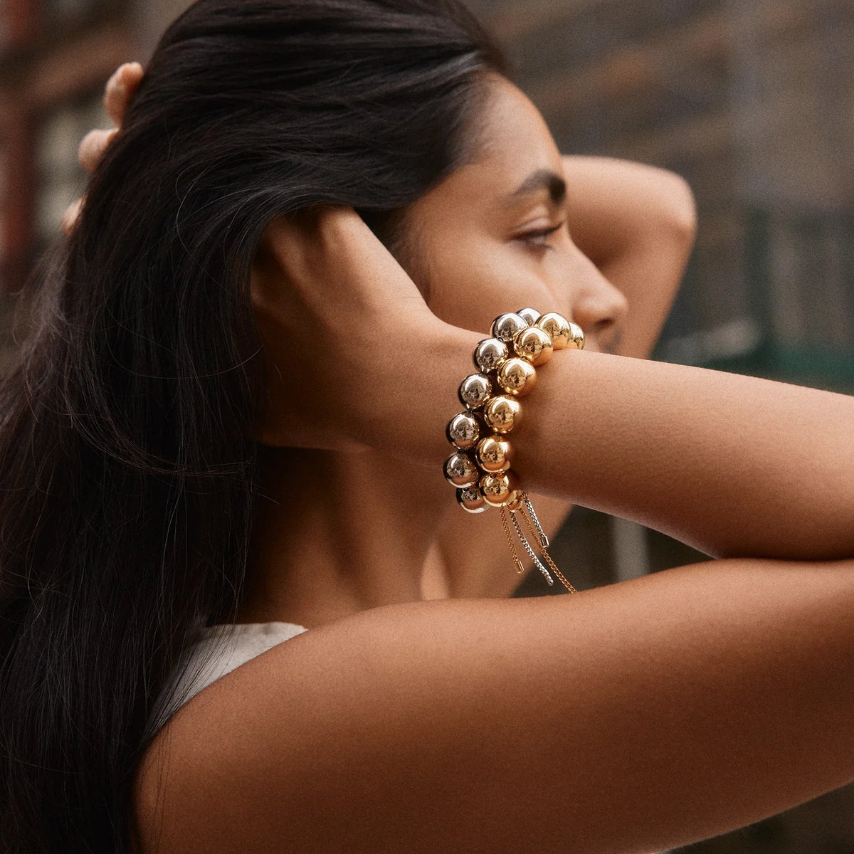 Lavisa - Silver Beaded Stackable Bracelet - Detail & Styling View