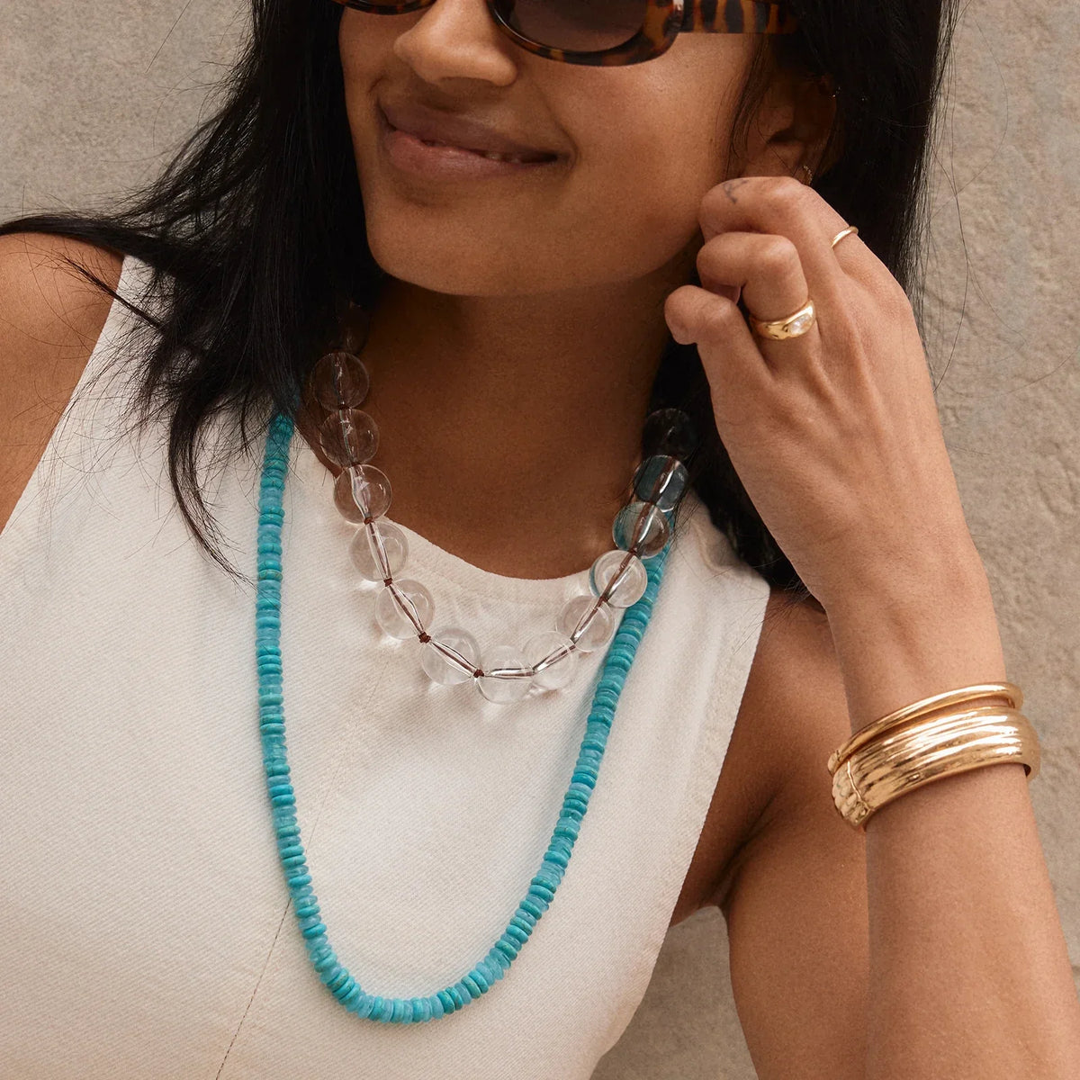 Lavisa - Turquoise Beaded Long Necklace - On-Model & Scale View