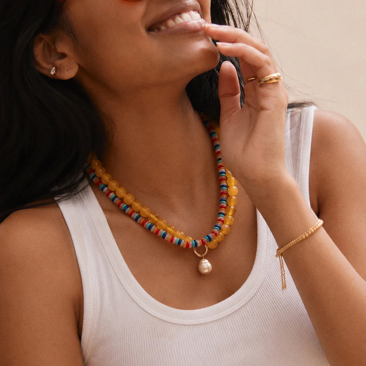 Lavisa - Multi-Color Semi-Precious Beaded Necklace - Detail & Styling View