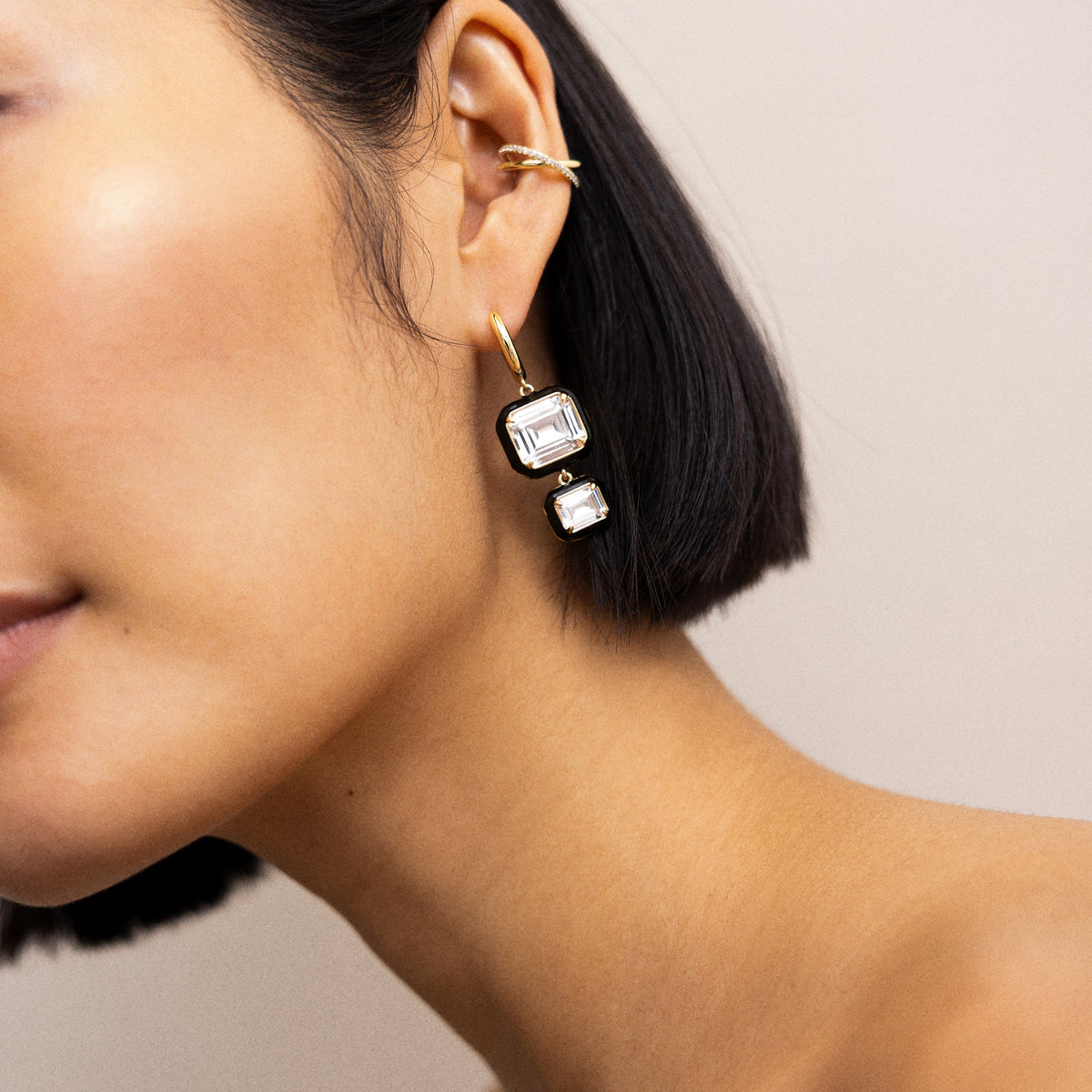 Lavisa - Crystal Drop Earrings with Enamel Bezel - Detail & Styling View