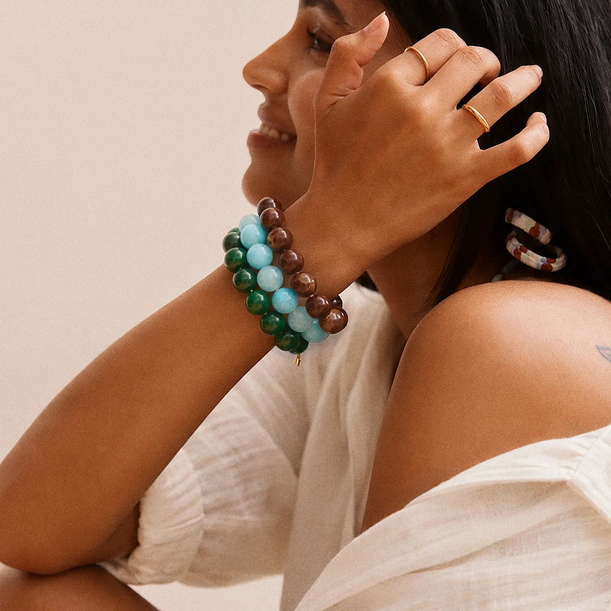 Lavisa - Adjustable Aqua Beaded Bracelet - Detail & Styling View