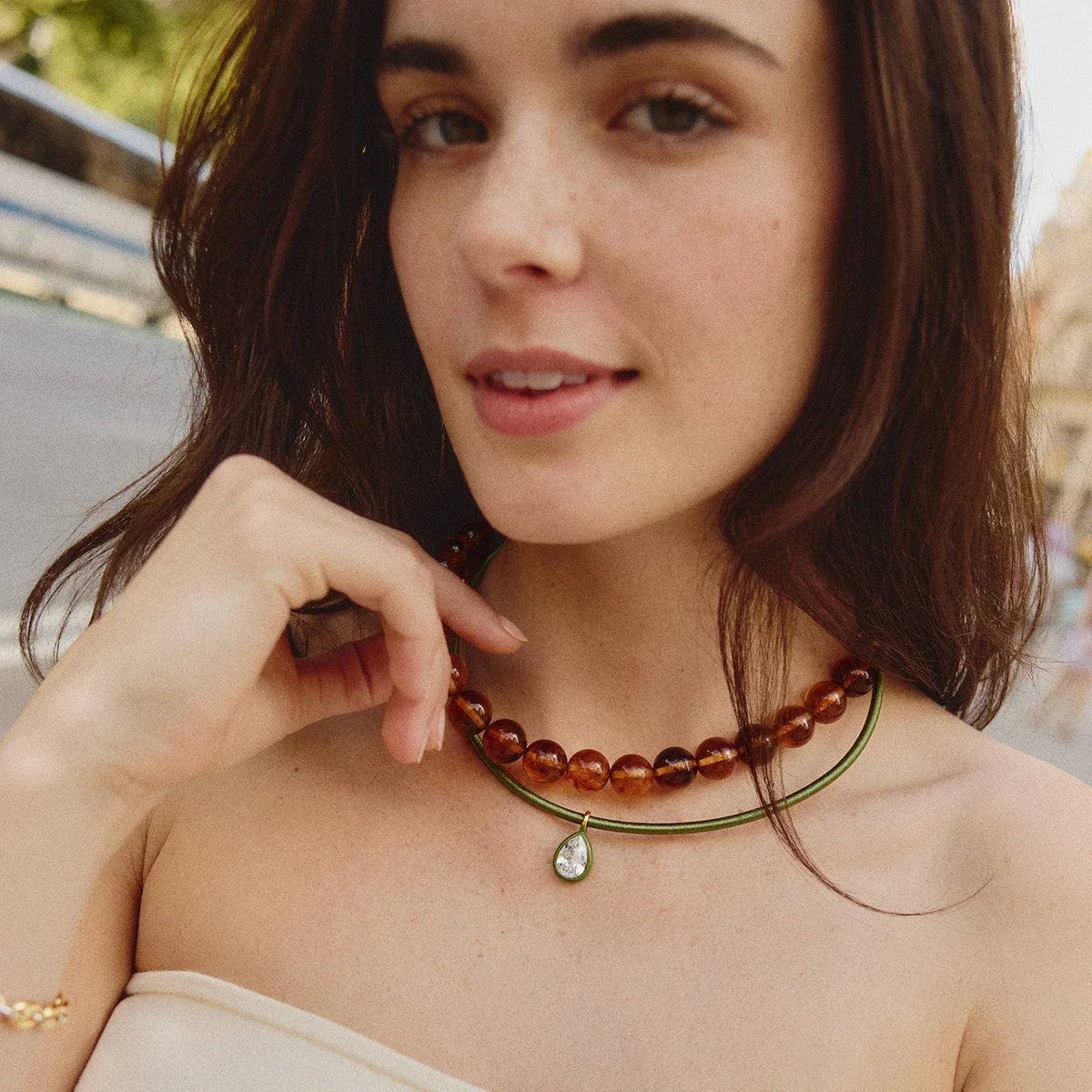 Lavisa - Olive Green Crystal Collar Necklace - On-Model & Scale View