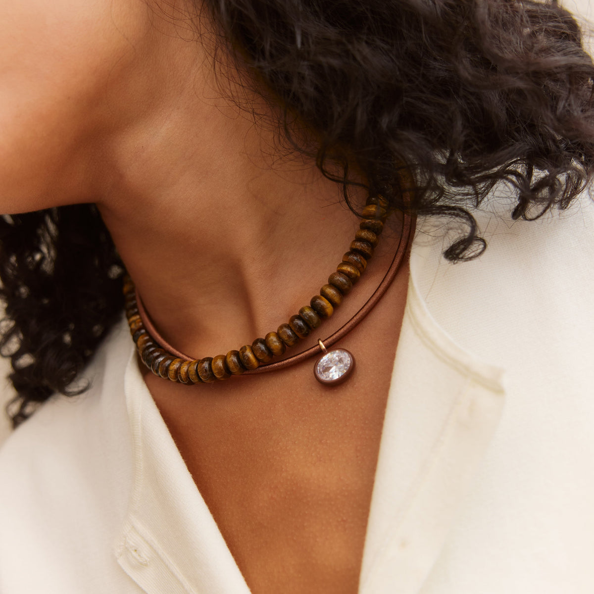 Lavisa - Chocolate Brown Thread-Wrapped Crystal Collar Necklace - Detail & Styling View