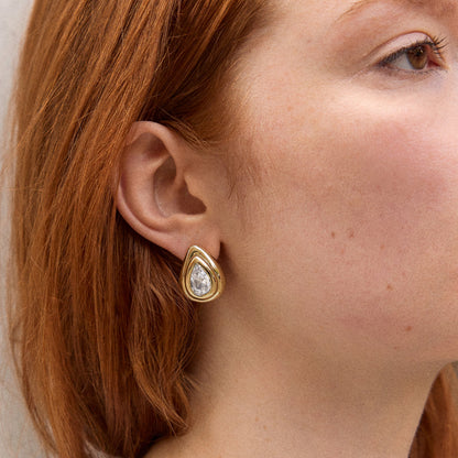 Lavisa - Crystal Teardrop Gold Stud Earrings - Detail & Styling View