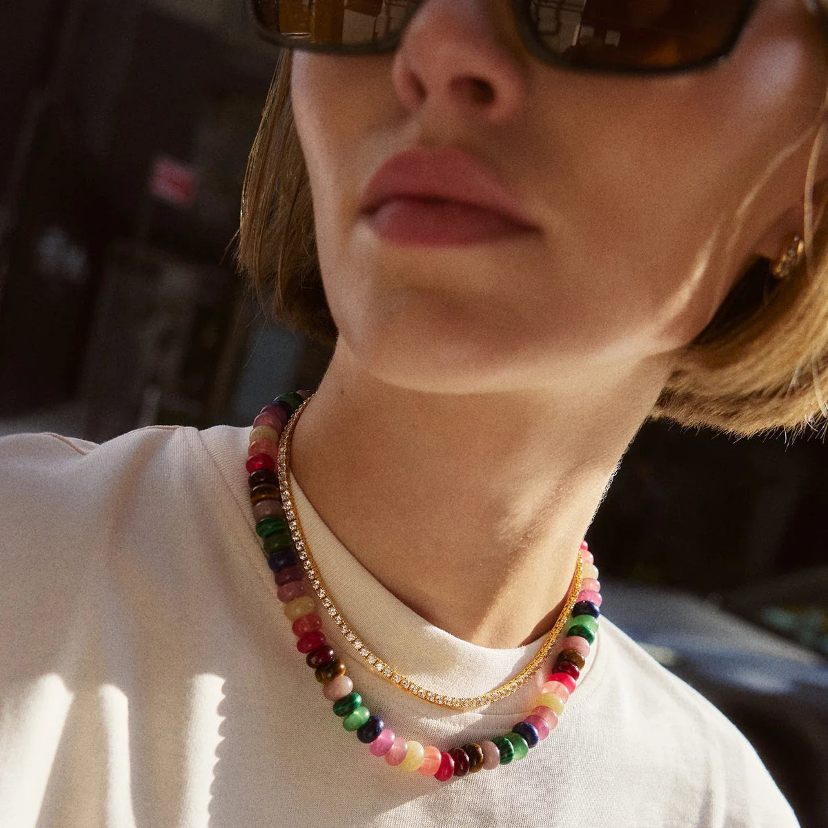 Lavisa - Multi Stone Beaded Layering Necklace - On-Model & Scale View