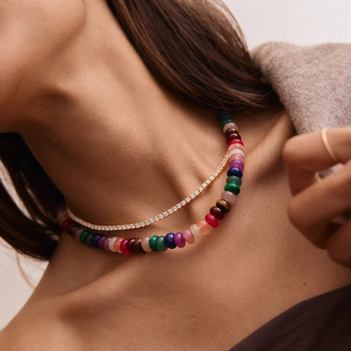 Lavisa - Multi Stone Beaded Layering Necklace - Detail & Styling View