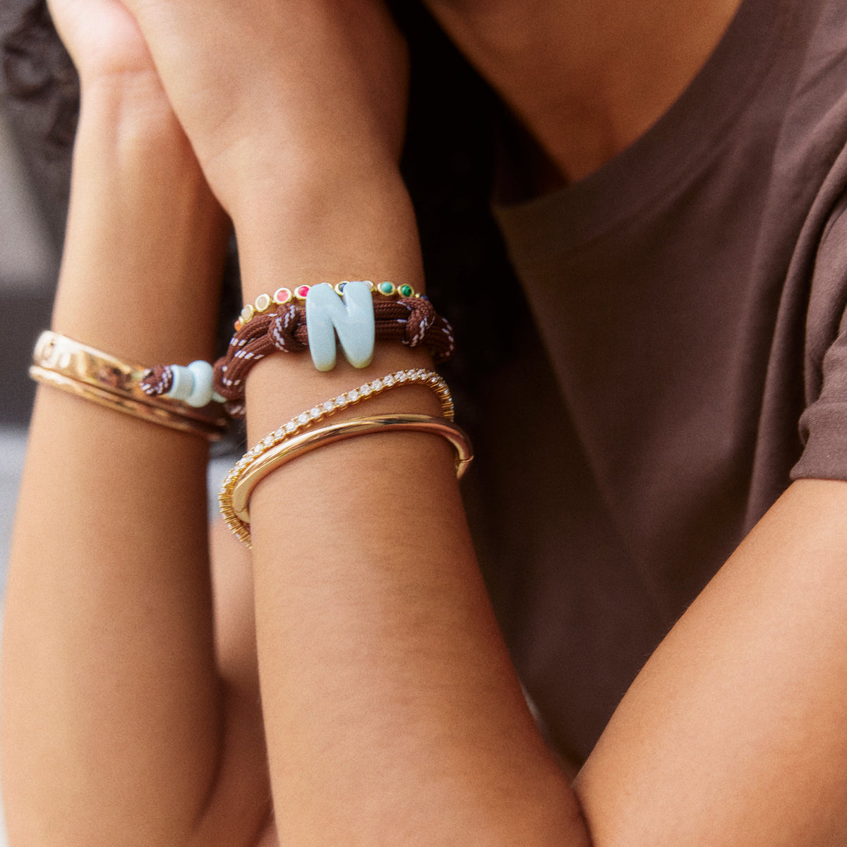 Lavisa - Custom Enamel Initial Bracelet - Personalized Bubble Letter - Detail & Styling View