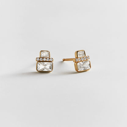 Lavisa gold crystal stud earrings featuring baguette-cut and pavé stones