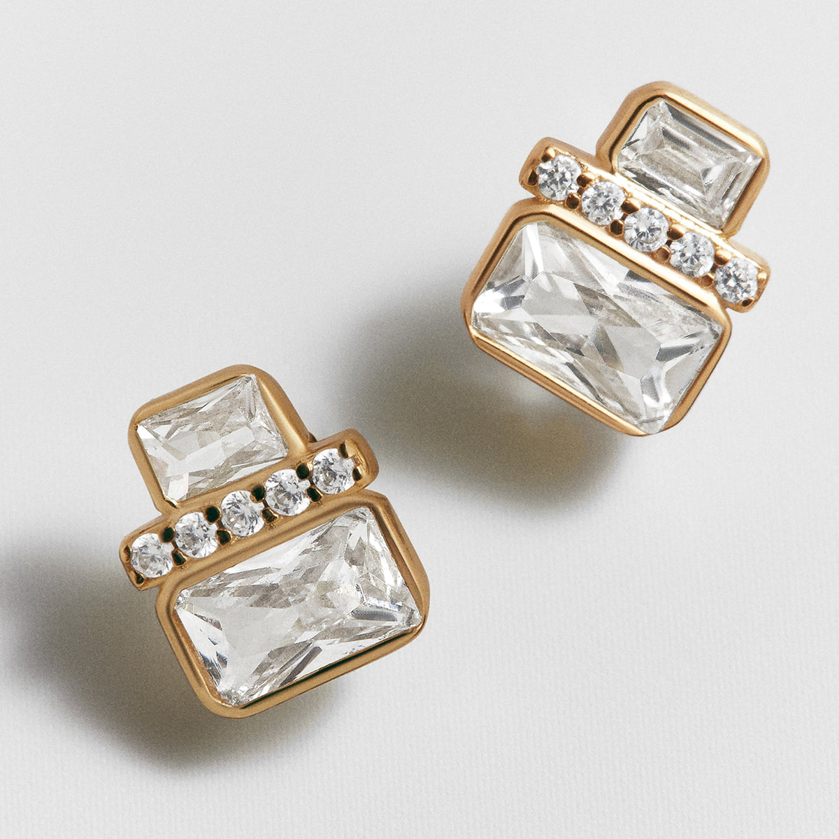 Lavisa - Gold Baguette Crystal Stud Earrings - On-Model & Scale View