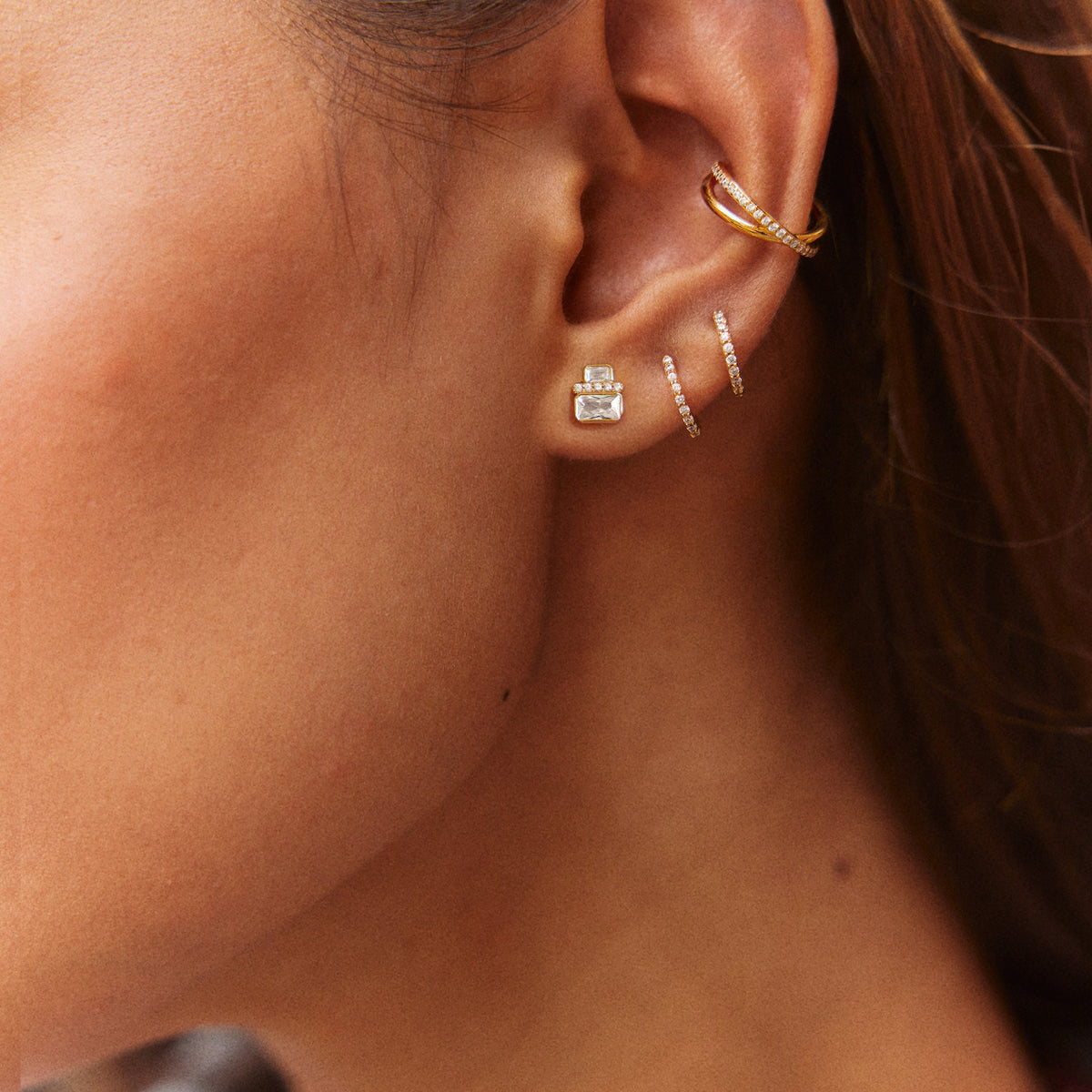 Lavisa - Gold Baguette Crystal Stud Earrings - Detail & Styling View