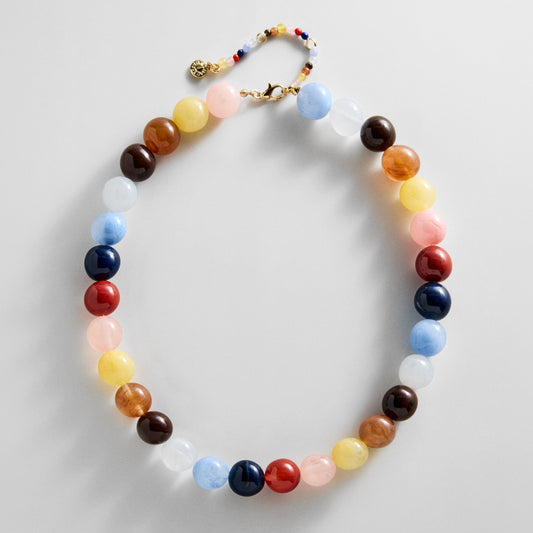 Lavisa multicolored resin beaded necklace displayed flat on a clean background